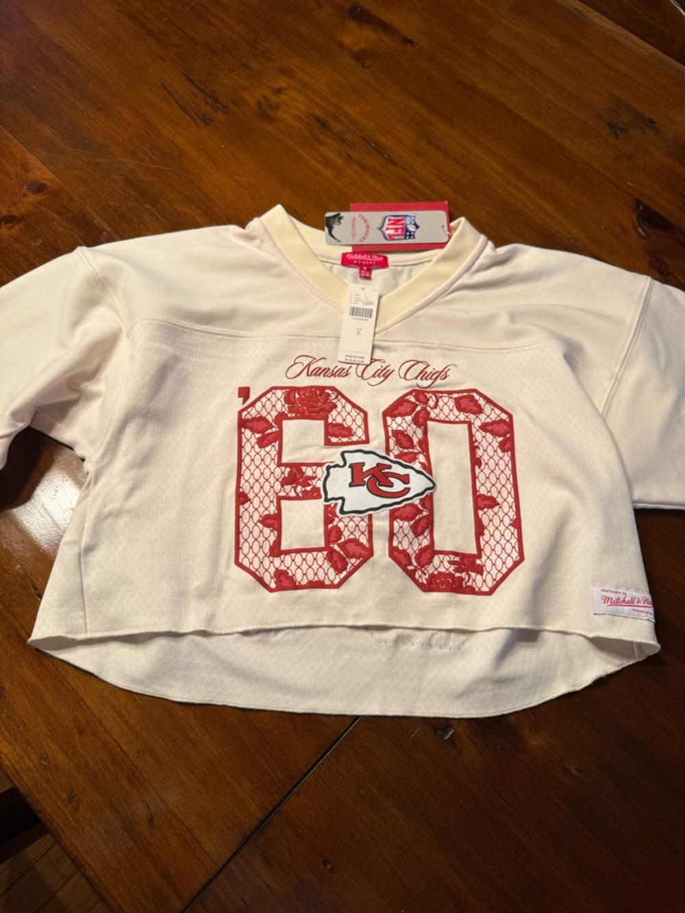 Mitchell & Ness White & Red Kansas City Chiefs Cropped Sweatshirt - #60